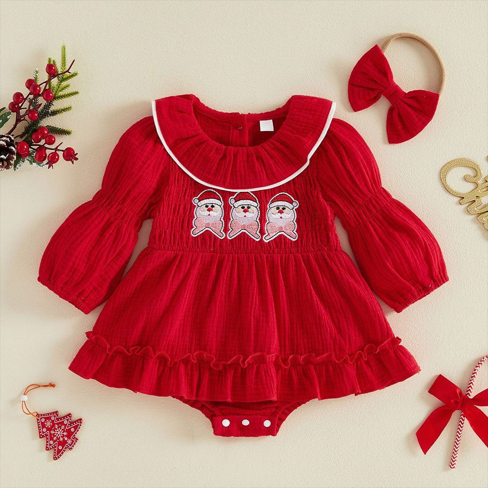 2PCS Christmas Santa Claus Tree Applique Long Sleeve Baby Romper