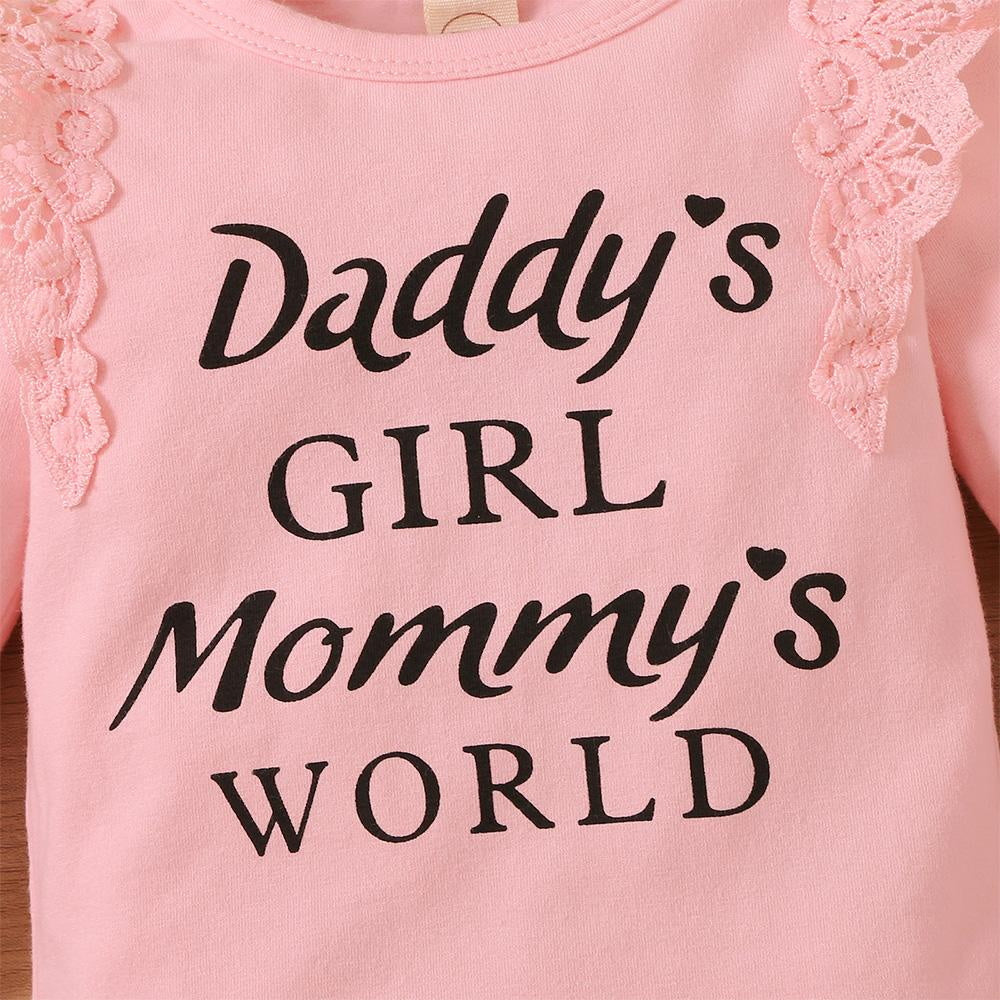 3PCS Daddy's Girl Mommy's World Letter Floral Print Long Sleeve Baby Set