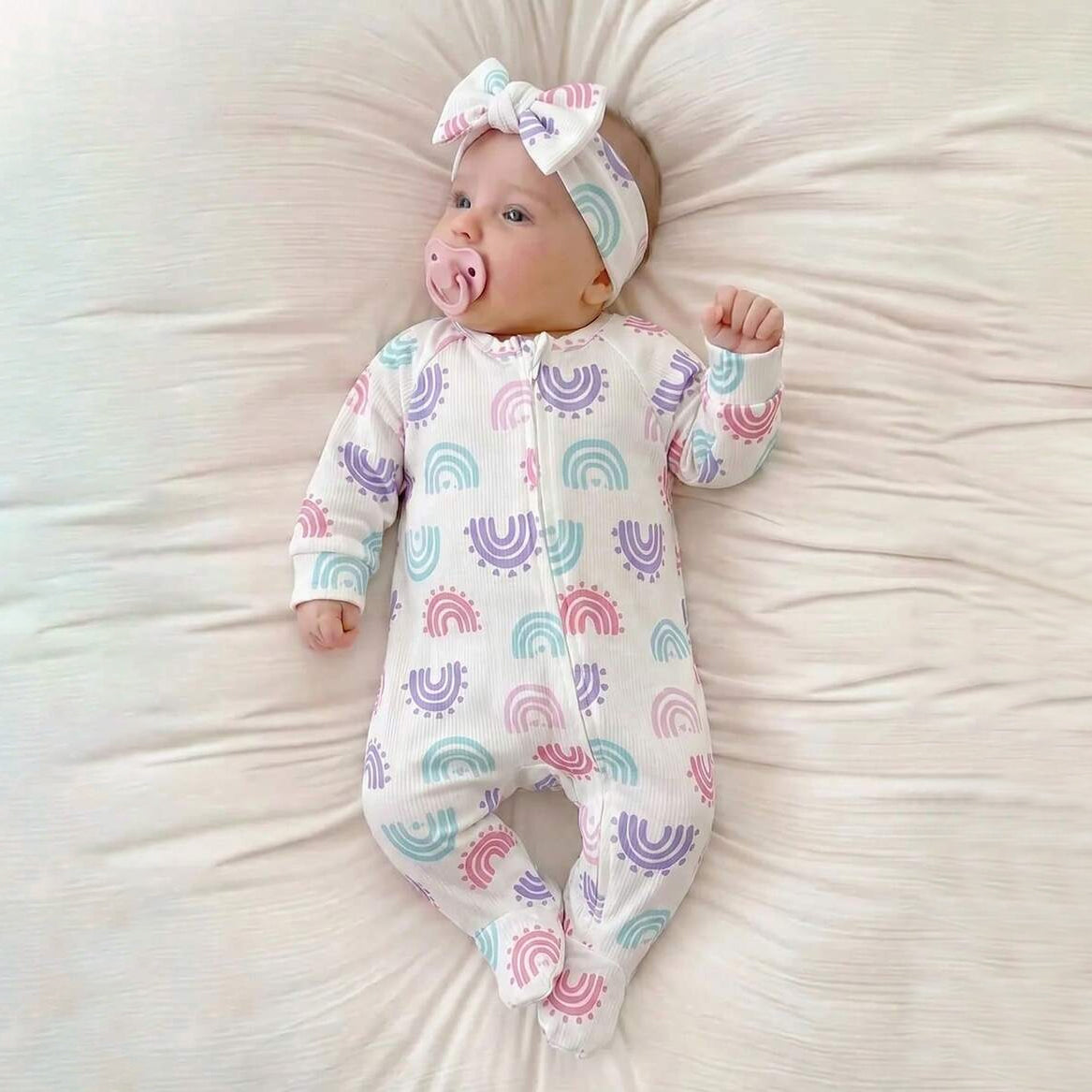 2PCS Lovely All-Over Rainbow Printed Zipper Long Sleeve Baby Jumpsuit
