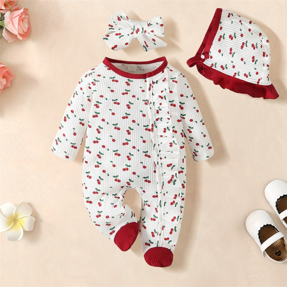 3PCS Trendy Adorable Cherry Print Long Sleeve Baby Jumpsuit