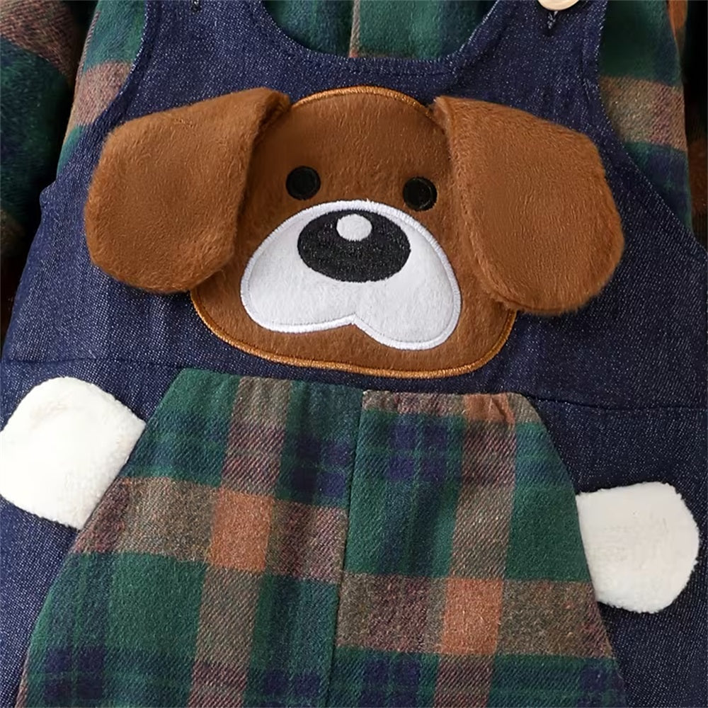 2PCS Cute Puppy Printed Plaid Long Sleeve Baby Overalls Set