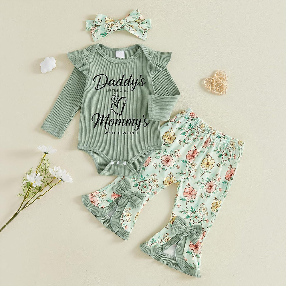 3PCS Daddy's Little Girl Mommy's Whole World Letter Floral Print Baby Set