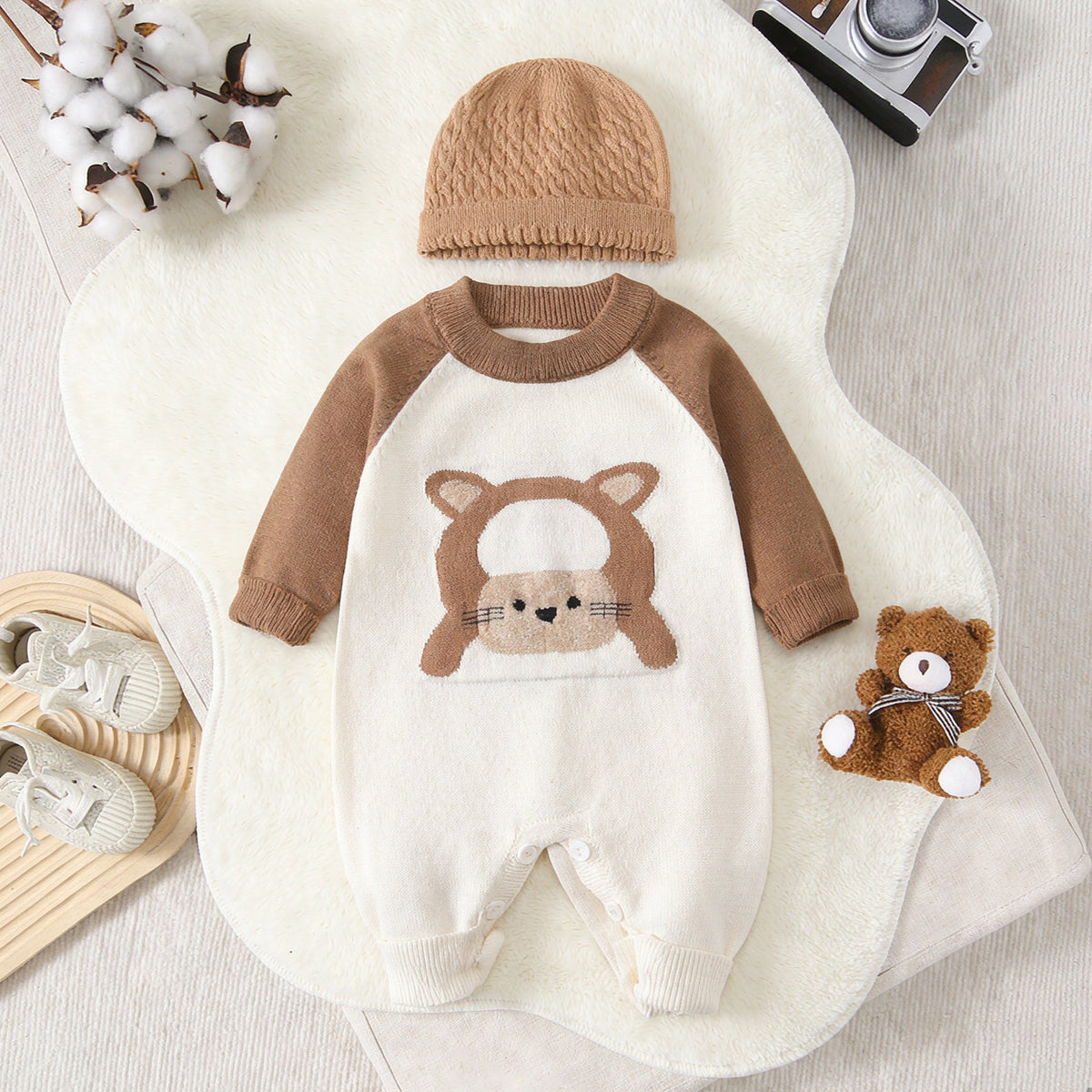 2PCS Cartoon Lamb Print Knit Long Sleeve Baby Jumpsuit