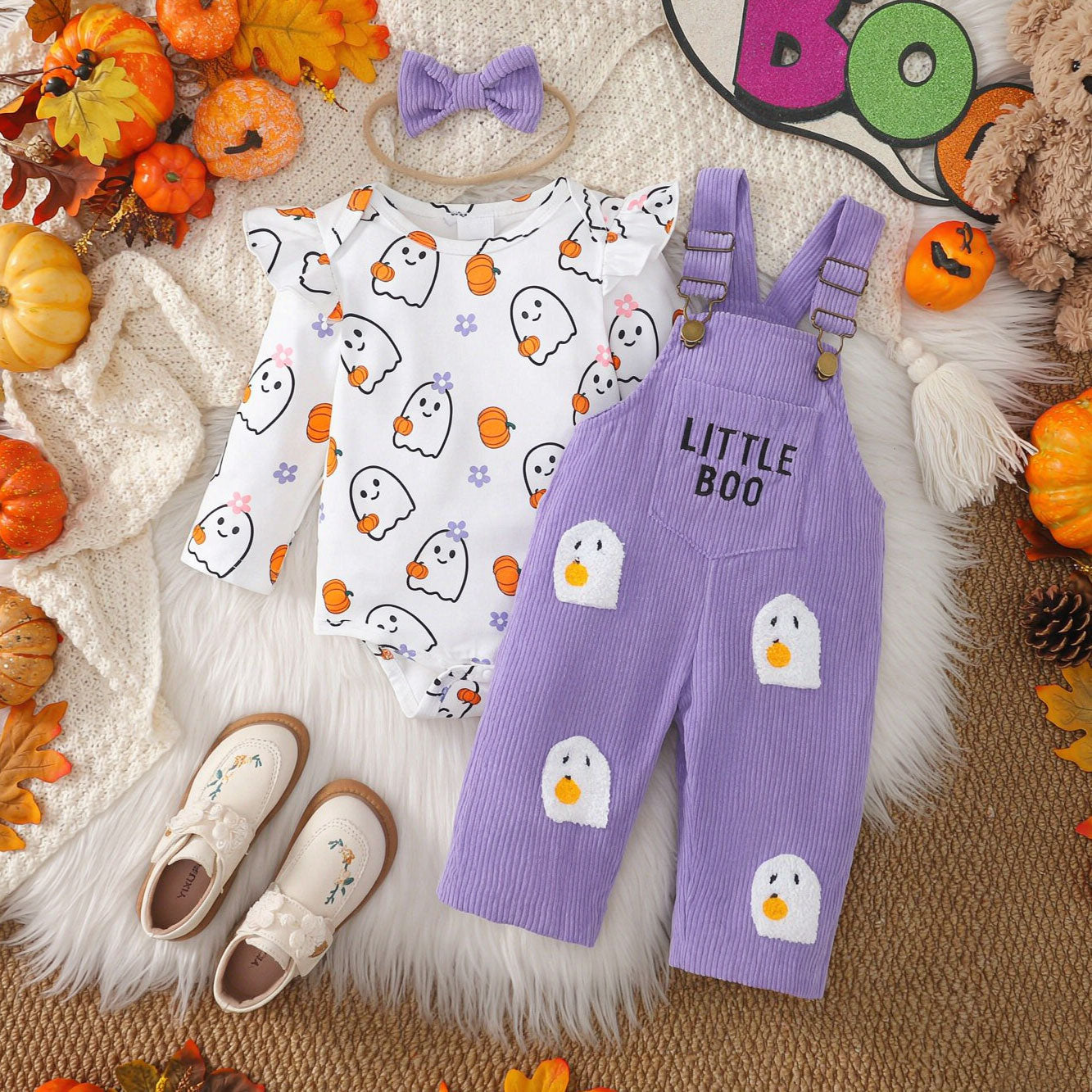 3PCS Little Boo Letter Embroidered Ghost Print Corduroy Overalls Baby Set