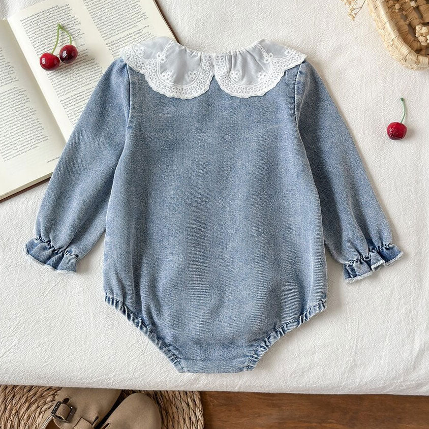 Cherry Embroidered Long Sleeve Ruffled Denim Baby Romper