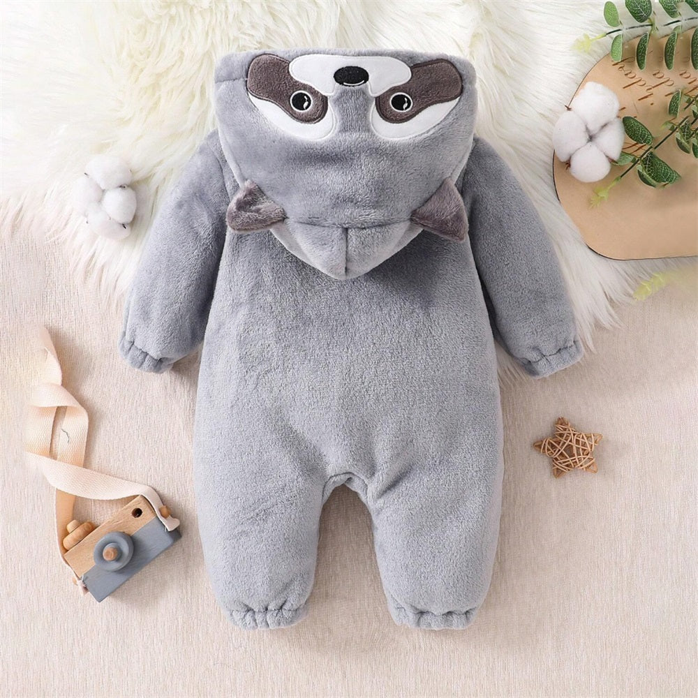 Cute Plush Raccoon Print Long Sleeve Hooded Baby Jumpsuit
