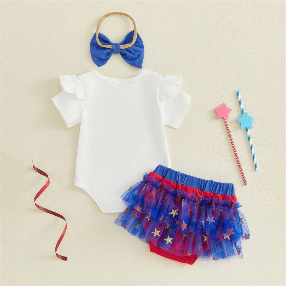 3PCS My First 4th of July Letter Printed Short Sleeve Tulle Baby Set