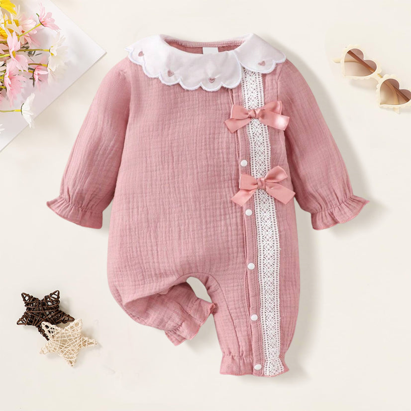 Sweet Bow Decoration Solid Color Baby Jumpsuit