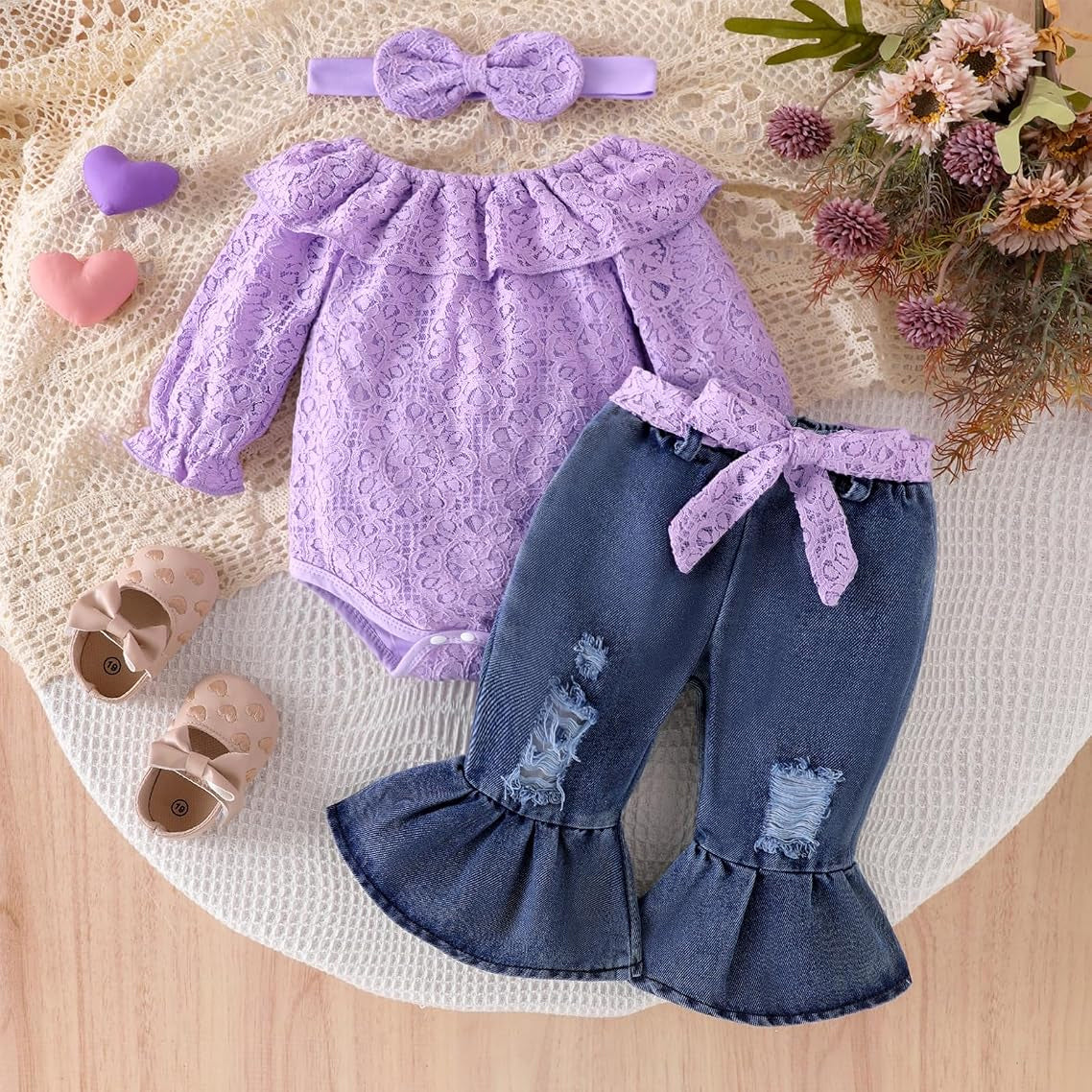 3PCS Chic Lace Top and Distressed Denim Bell-Bottom Baby Girl Set