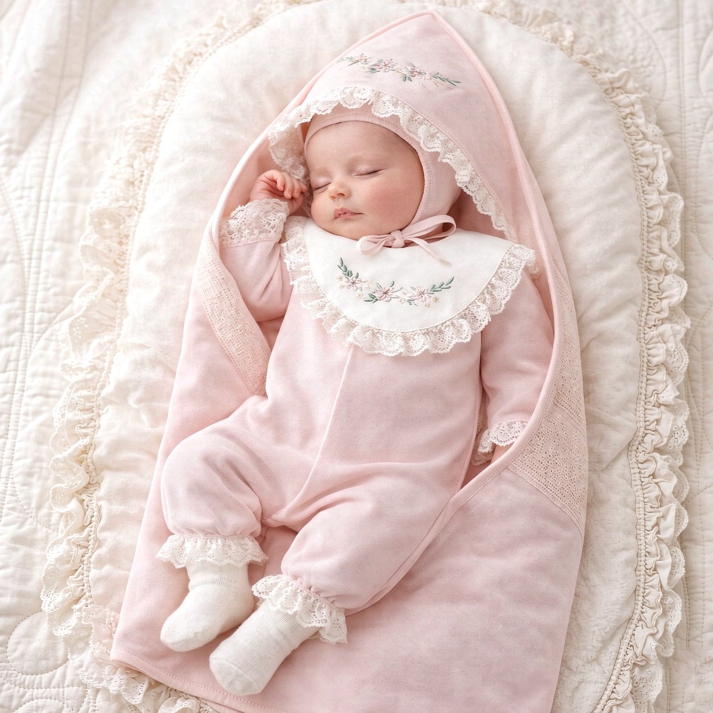 Pretty Floral Embroidery Long Sleeve Baby Jumpsuit