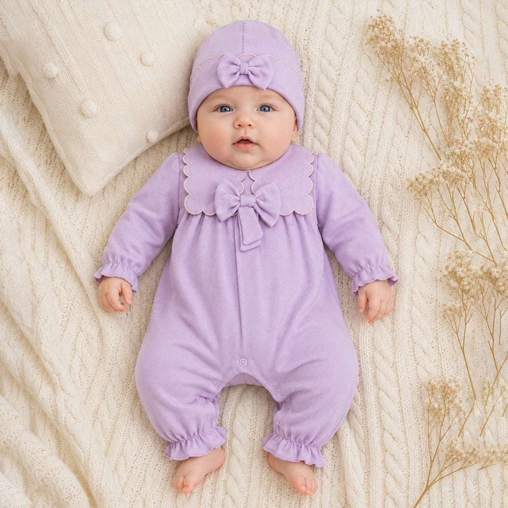 2PCS Charming Solid Color Bow Long Sleeve Baby Girl Jumpsuit
