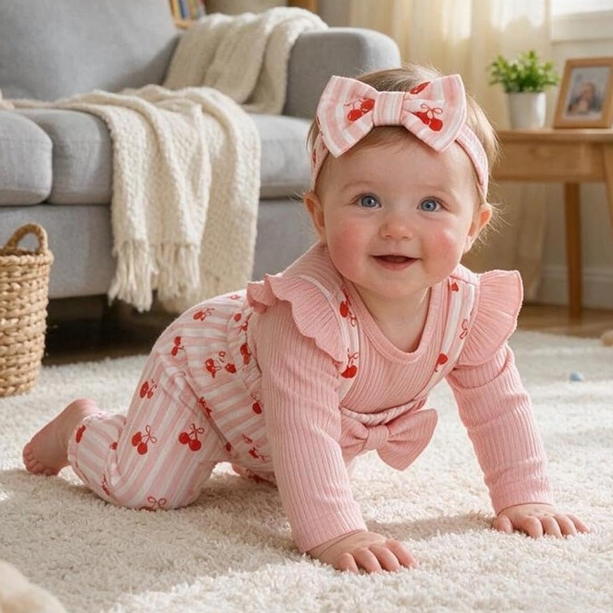 2PCS Sweet Cherry Stripe Print Faux Two Piece Baby Girl Jumpsuit