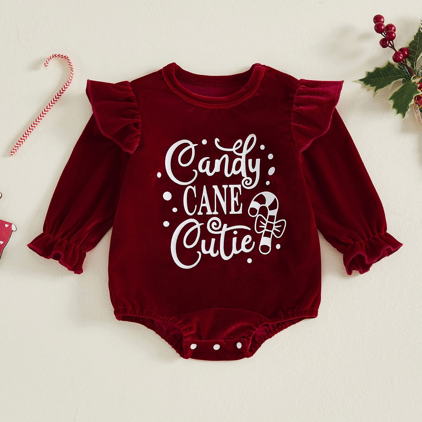 Christmas Candy Cane Cutie Letter Printed Long Sleeve Baby Romper