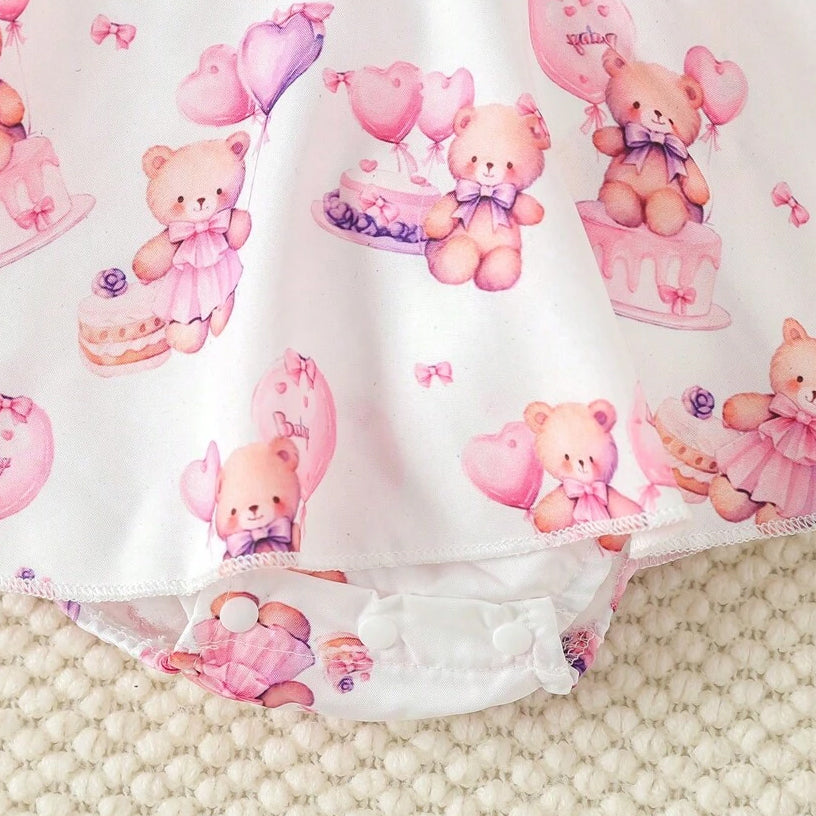2PCS Lovely Bear Printed Ruffle Trim Baby Romper