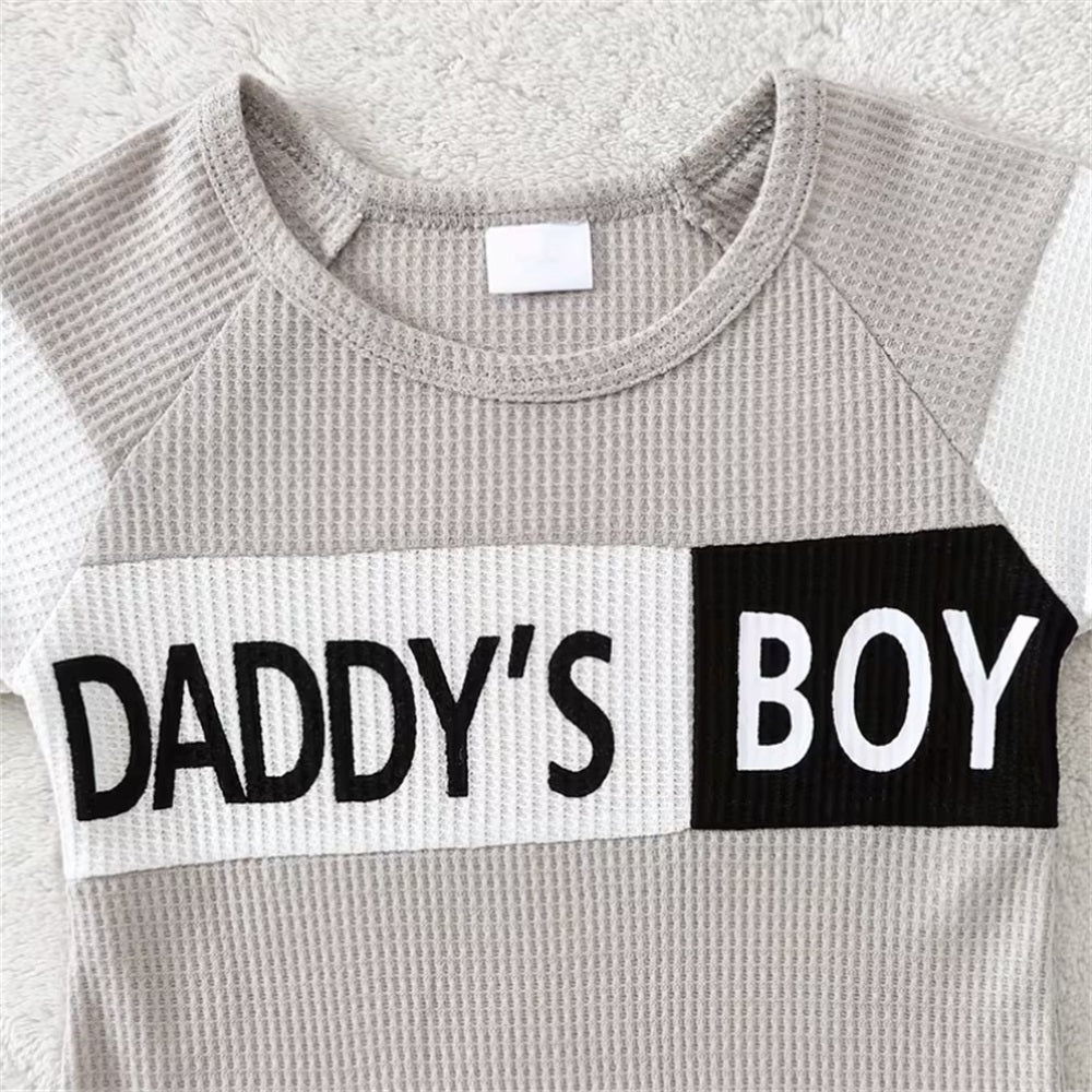 2PCS Daddy's Boy Letter Printed Waffle Long Sleeve Baby Jumpsuit