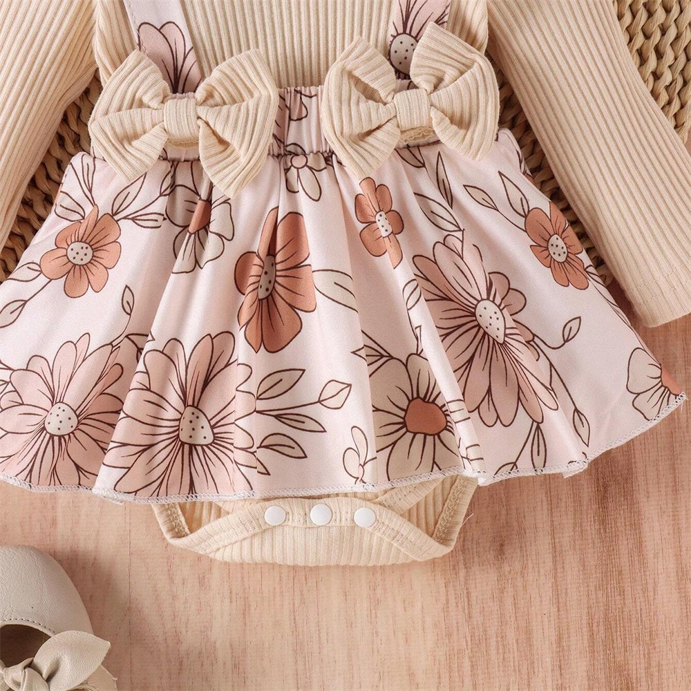 2PCS Pretty Floral Print Long Sleeve Baby Romper