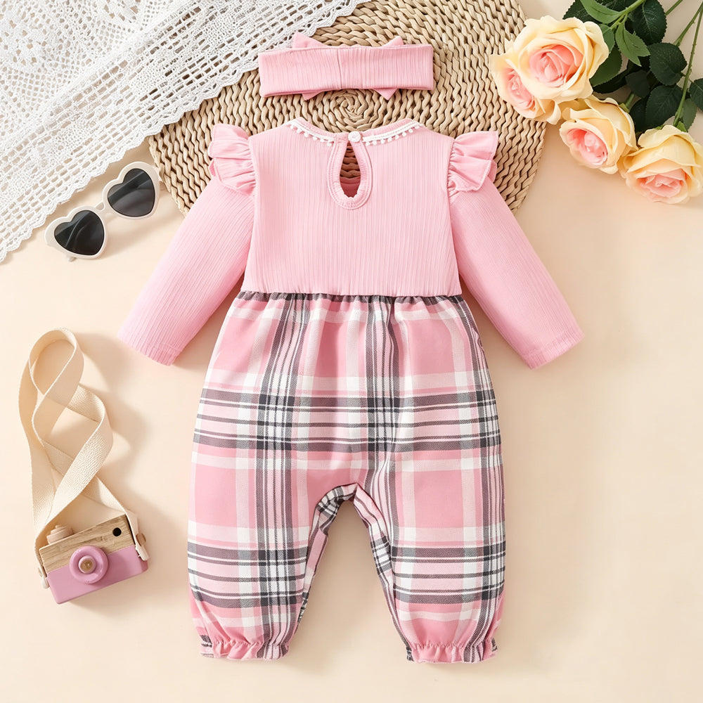 2PCS Chic Plaid Print Bow Decor Long Sleeve Baby Girl Jumpsuit