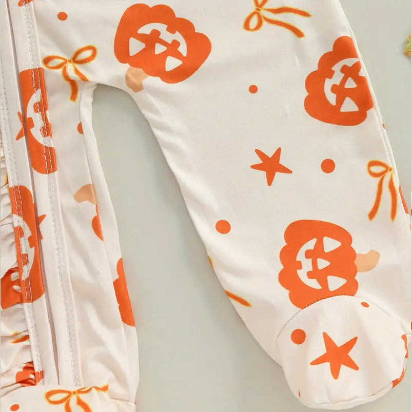 2PCS Pumpkin Print Ruffle Zipper Long Sleeve Baby Jumpsuit
