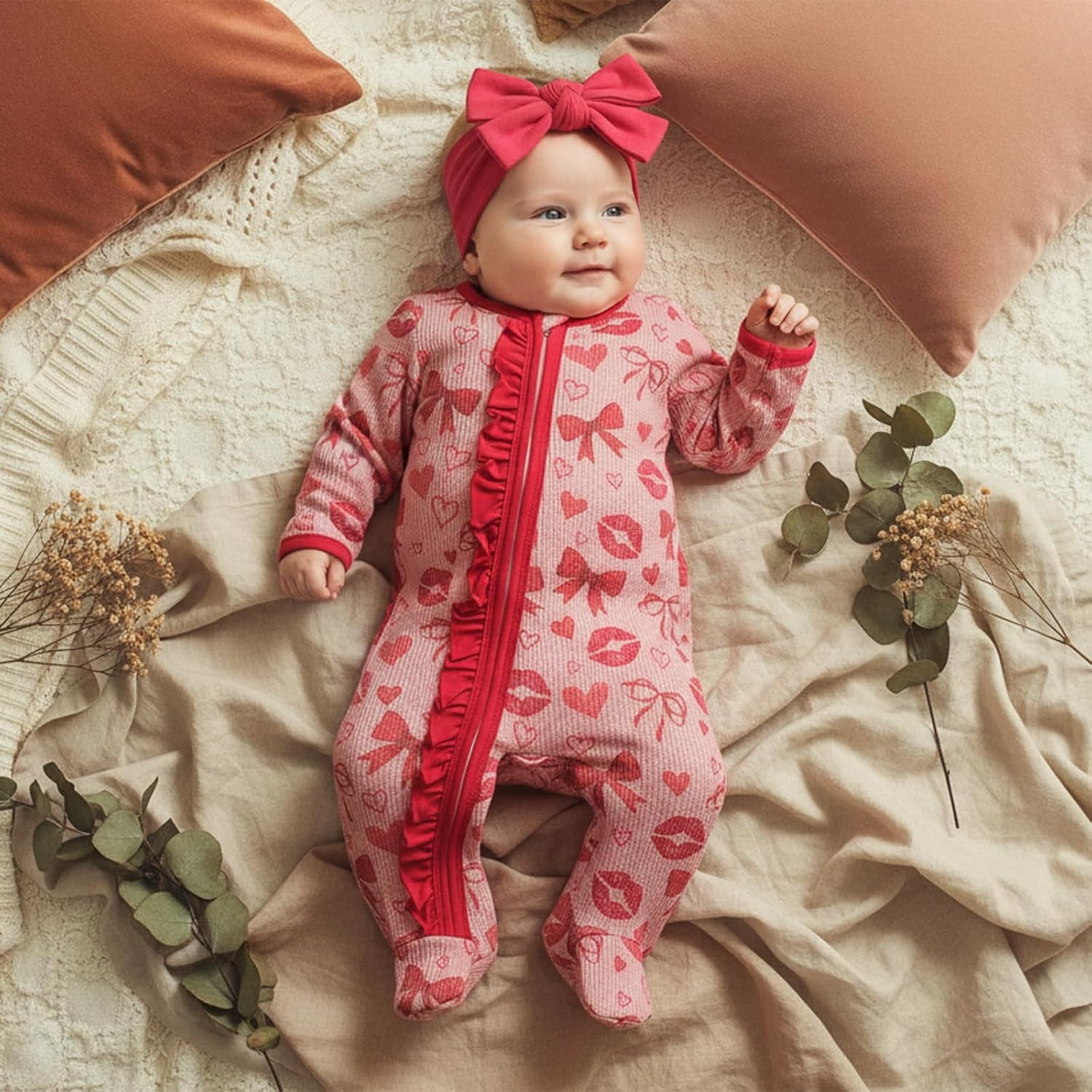 2PCS Lips Bow Printed Long Sleeve Zipper Baby Jumpsuit