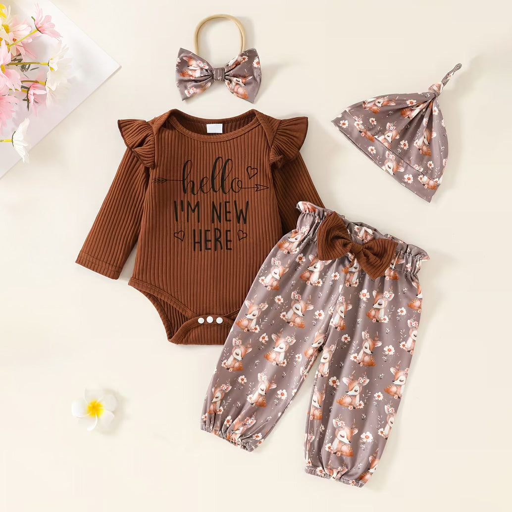 4PCS Hello I'm New Here Deer Letter Floral Printed Baby Set