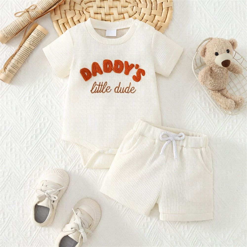 2PCS Daddy's Little Dude Letter Embroidery Short Sleeve Baby Set