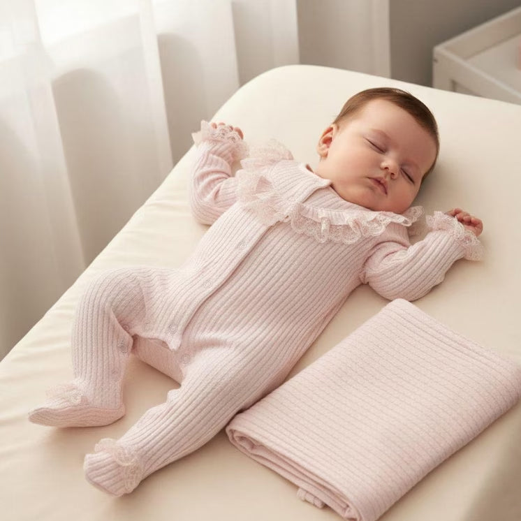 2PCS Lovely Solid Color Knit Lace Trim Long Sleeve Baby Jumpsuit