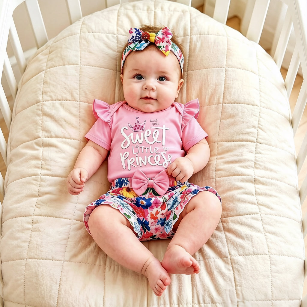 3PCS Sweet Little Princess Letter Floral Print Short Sleeve Baby Set