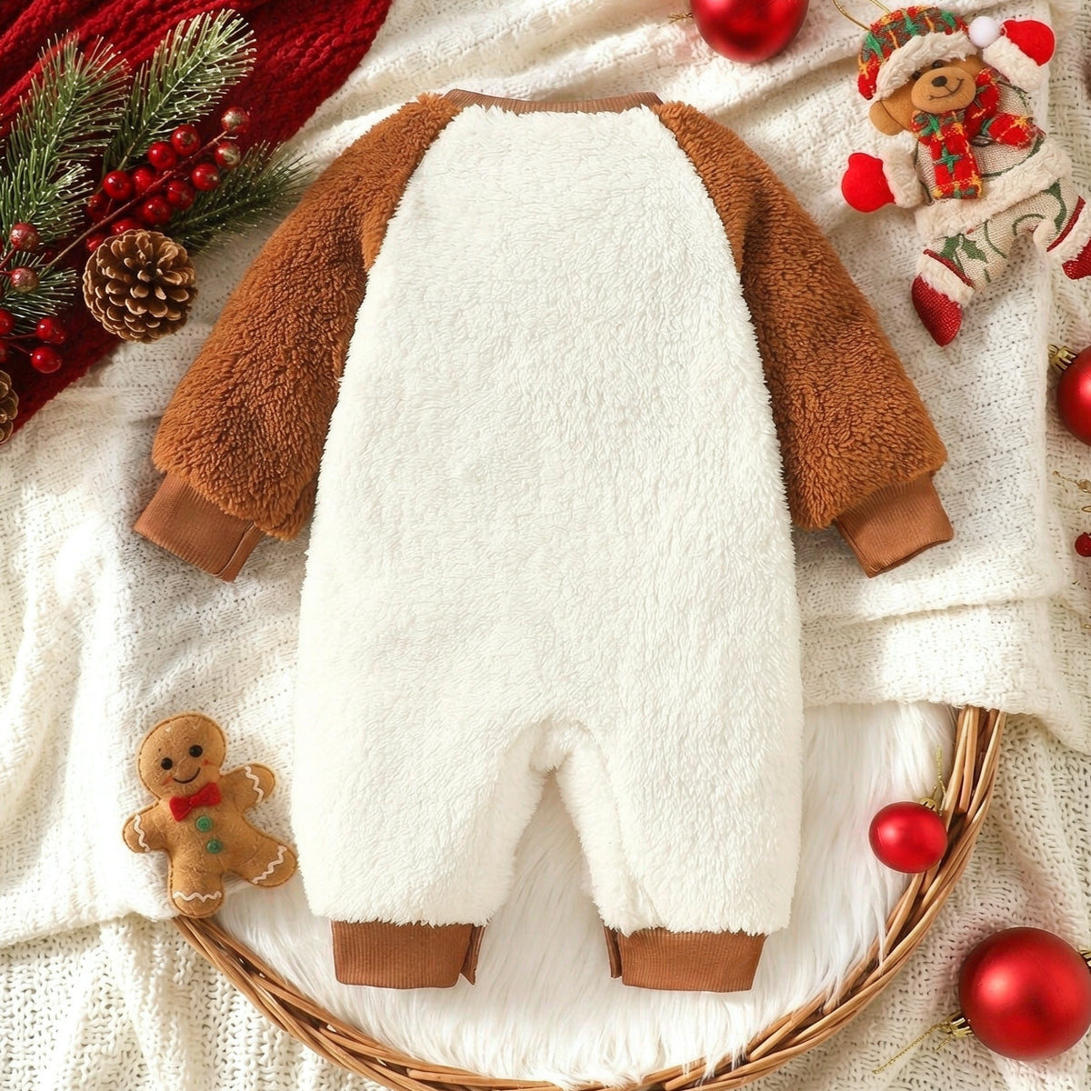 2PCS Lovely Gingerbread Cane Candy Embroidered Fleece Baby Jumpsuit