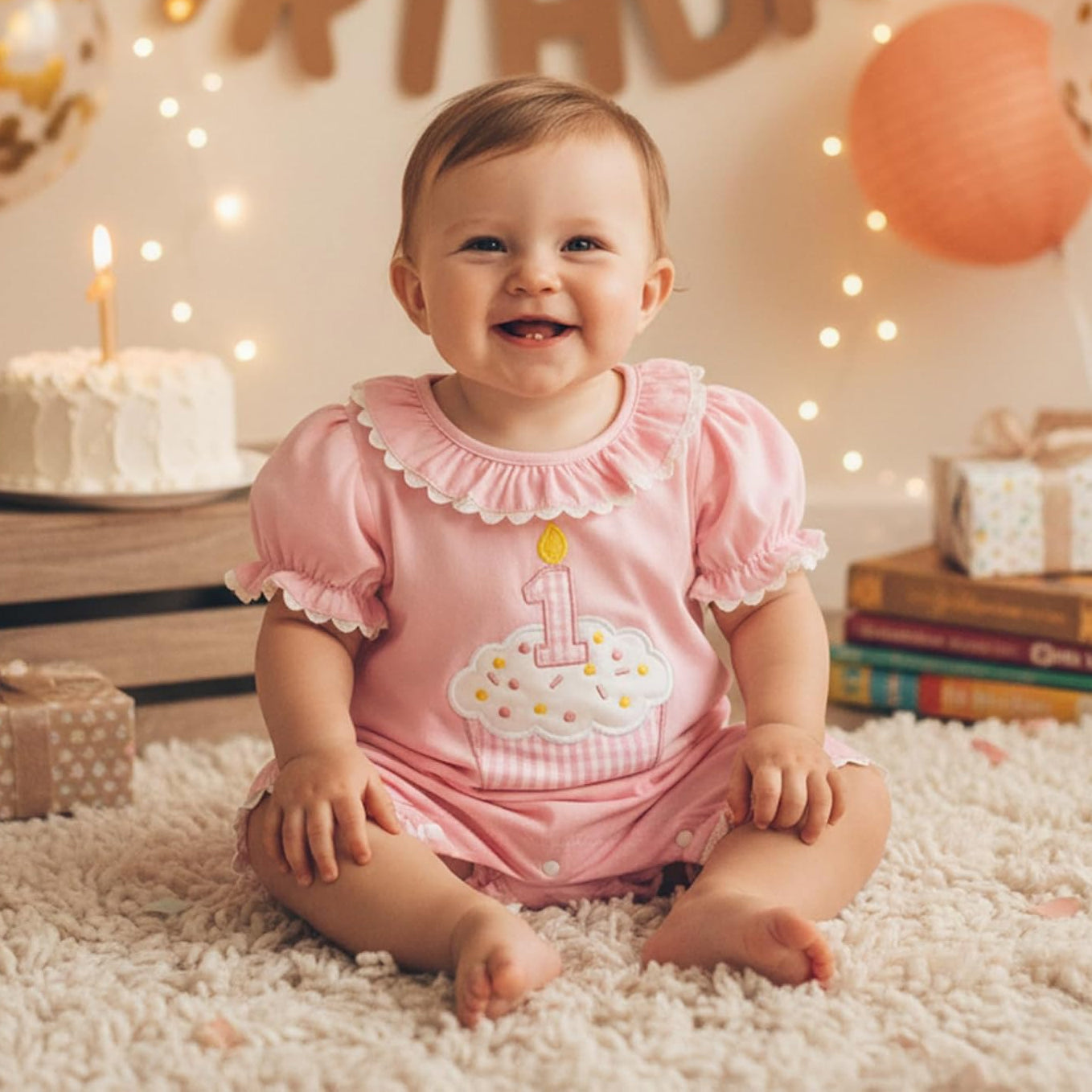 Sweet Cake Embroidery Short Sleeve Baby Jumpsuit