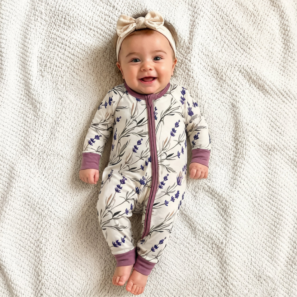 Classy Lavender Printed Zipper Long Sleeve Baby Jumpsuit