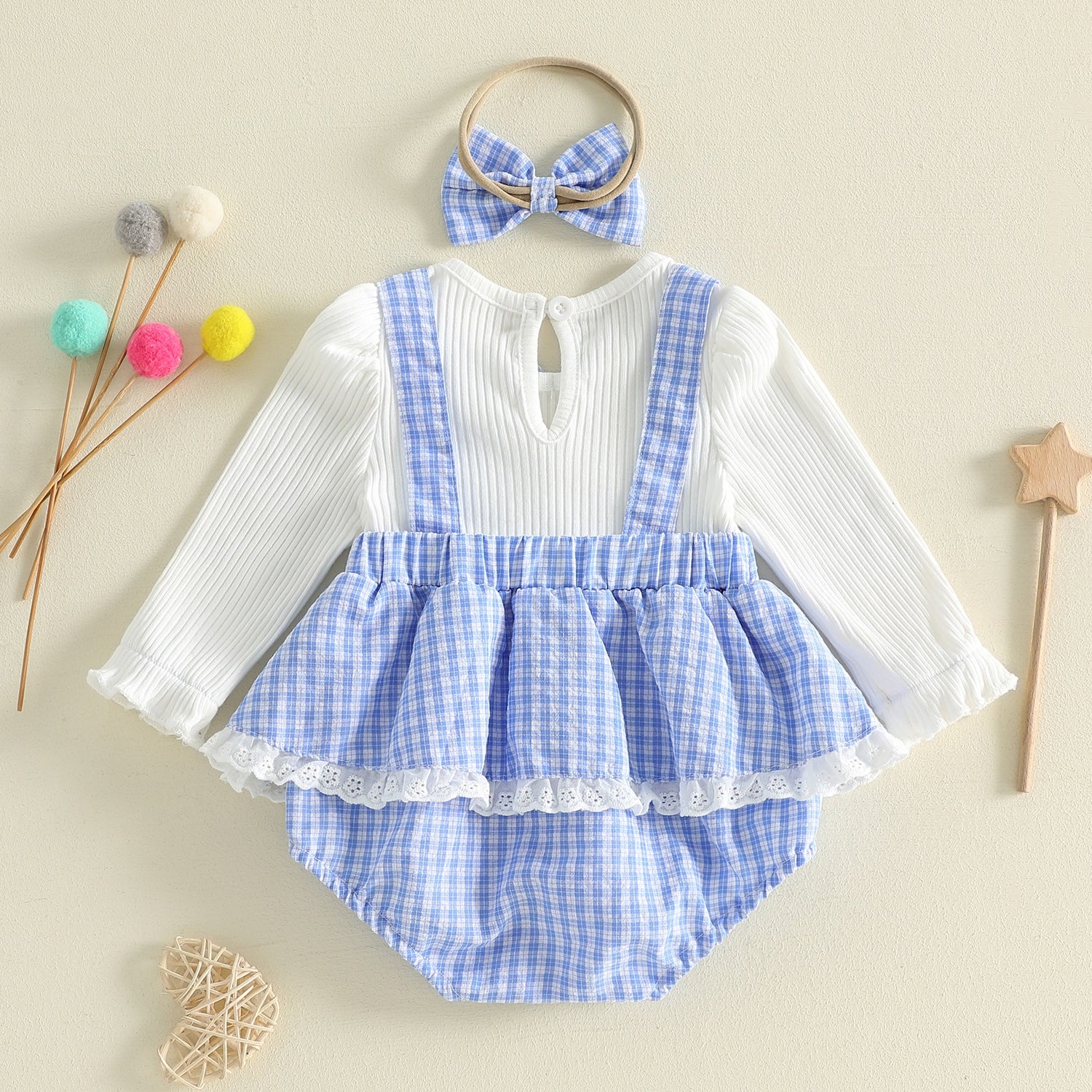 2PCS Stylish Plaid Print Eyelet Lace Long Sleeve Baby Romper