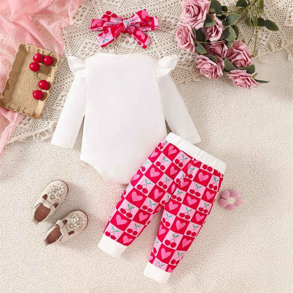 3PCS Hey Sugar Letter Embroidery Heart Print Long Sleeve Baby Set