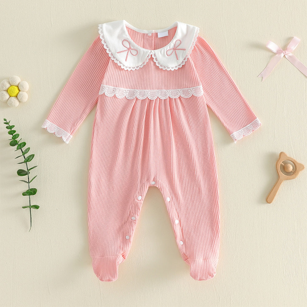 Pretty Solid Color Bow Embroidery Long Sleeve Baby Jumpsuit
