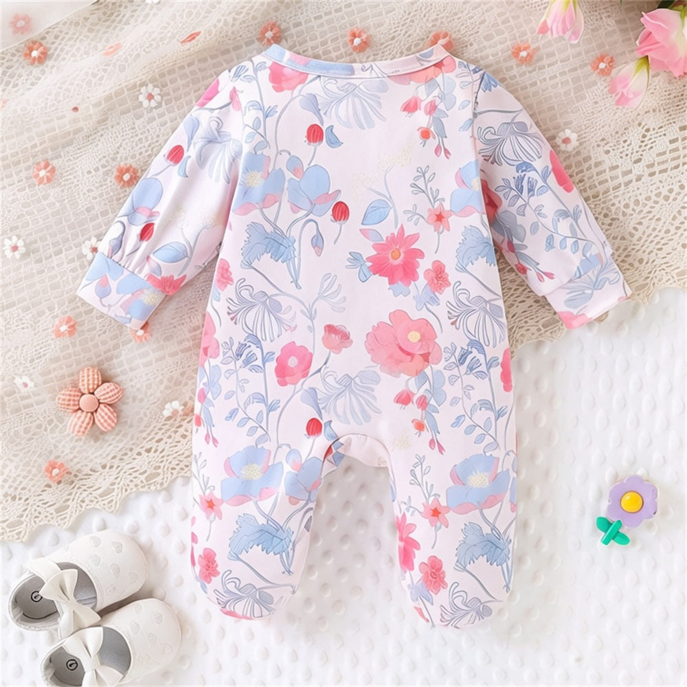 Graceful Floral Printed Long Sleeve Baby Jumpsuit