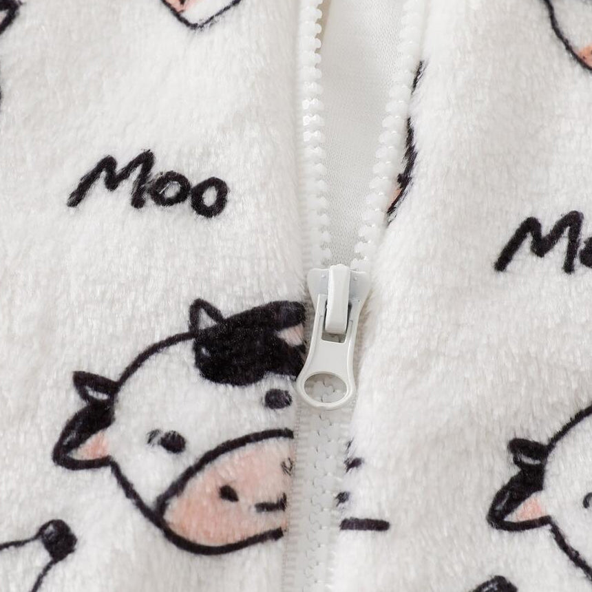 Lovely Cow Milk Bottle Print Long Sleeve Zipper Baby Fleece Jumpsuit