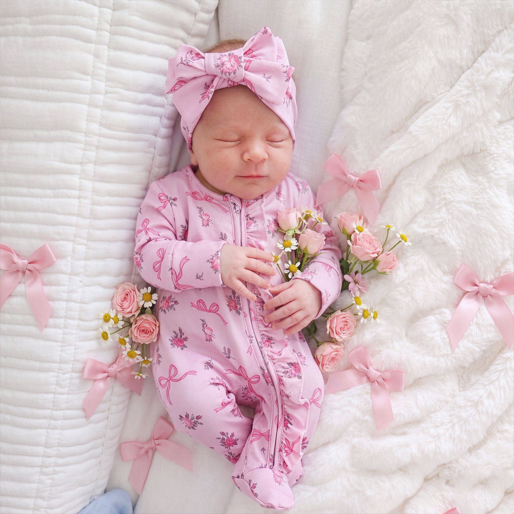 2PCS Delicate Floral Bow Print Zipper Long Sleeve Baby Girl Jumpsuit