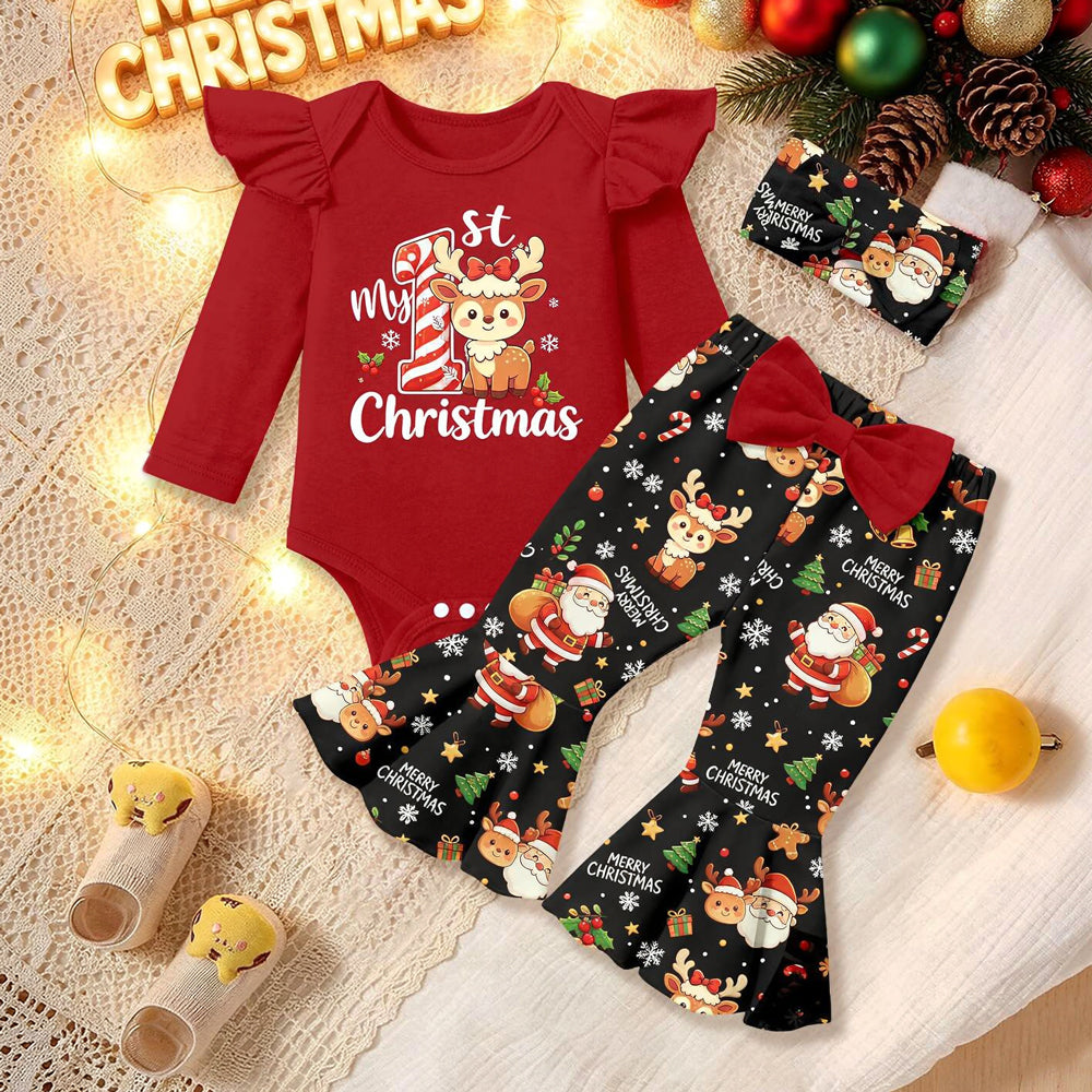 3PCS Sweet My 1st Christmas Letter Santa Reindeer Print Baby Girl Set