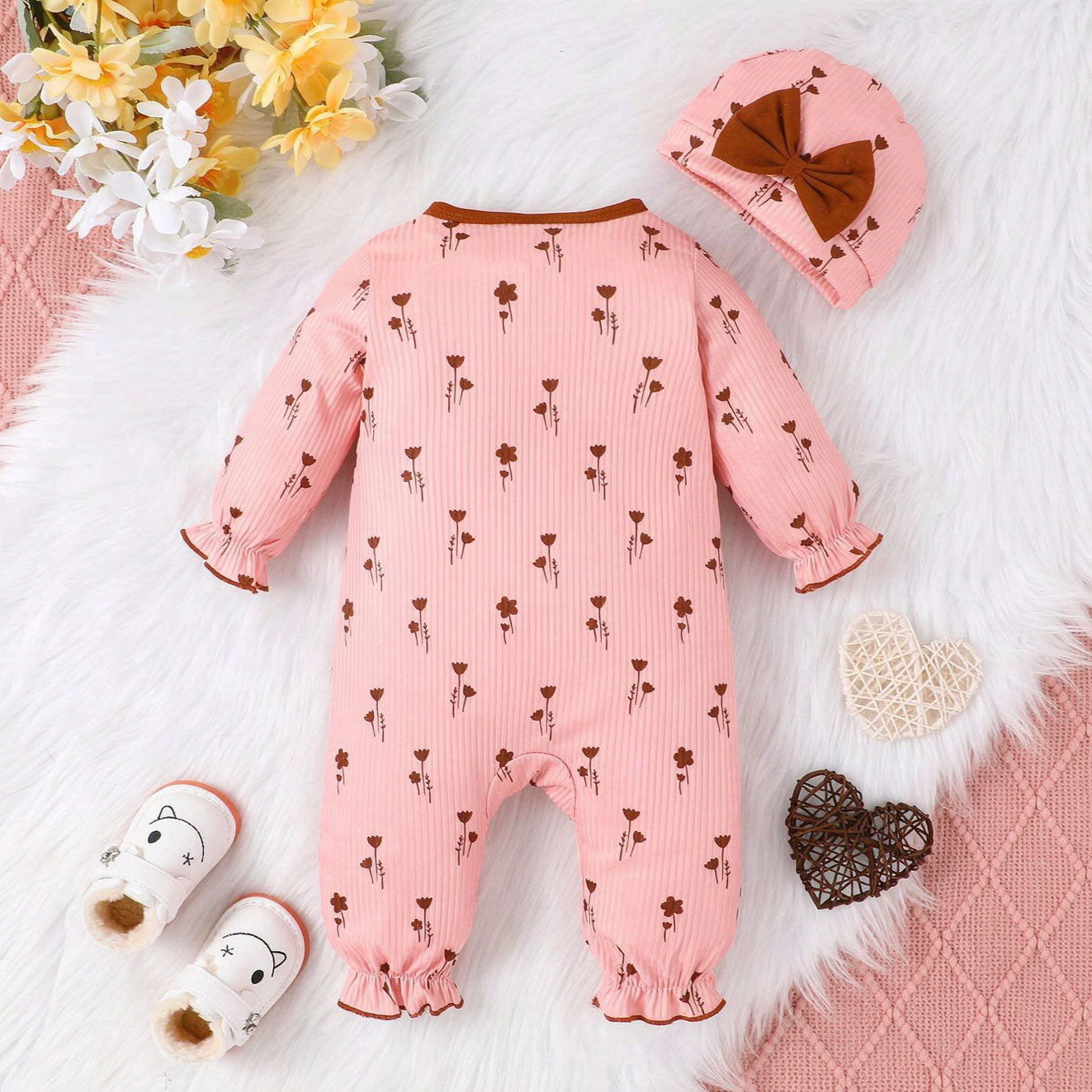 2PCS Romantic Floral Printed Ruffle Long Sleeve Baby Girl Jumpsuit