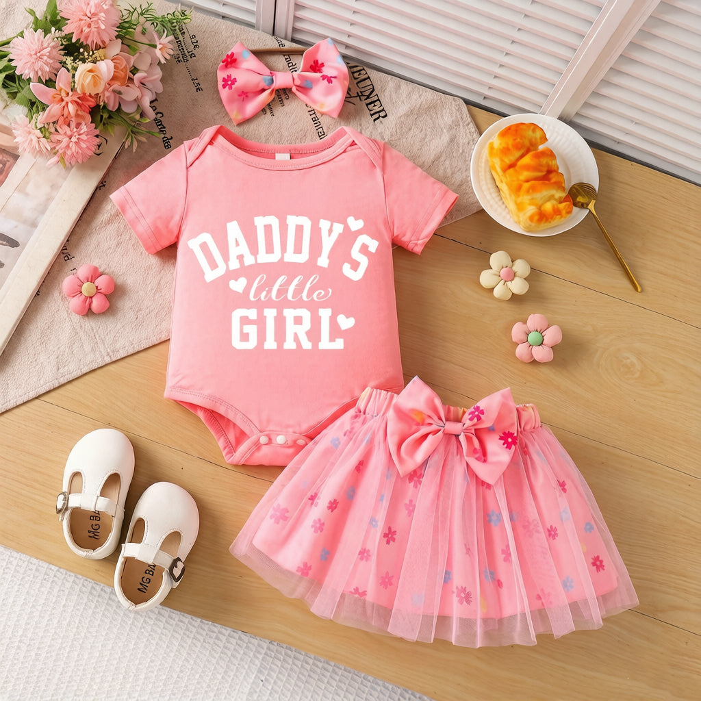 3PCS Daddy's Little Girl Letter Floral Print Mesh Baby Set