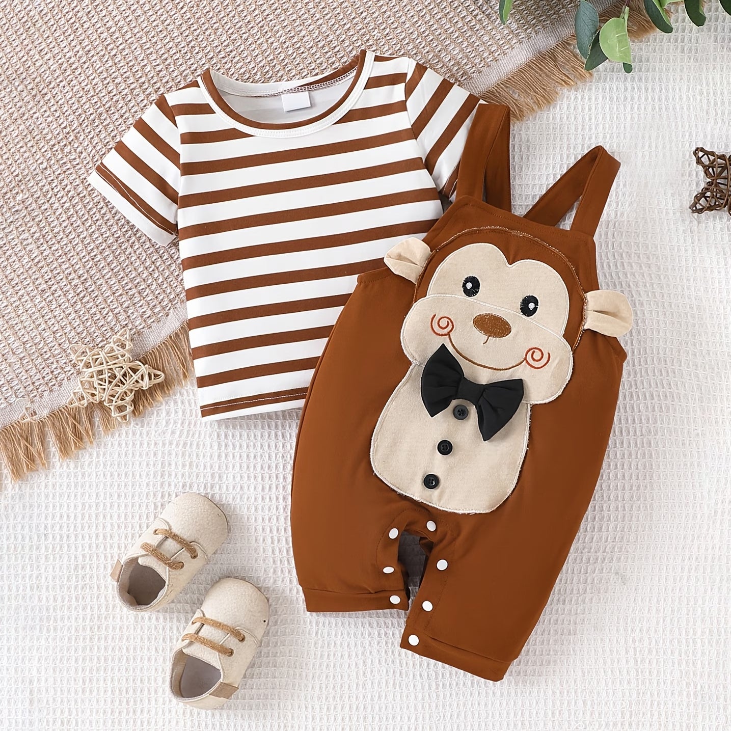 2PCS Monkey and Stripe Print Short Sleeve Baby Overalls Set