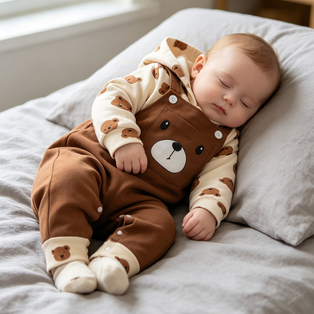 Cute Bear Print Long Sleeve Hoodie Baby Jumpsuit