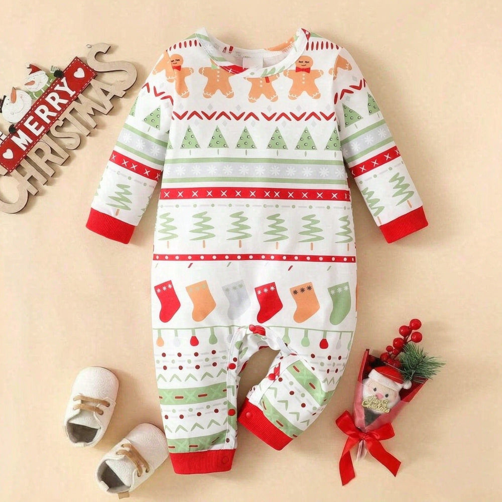 Cute Gingerbread Man Print Long Sleeve Baby Holiday Jumpsuit