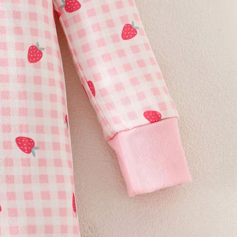 Pretty Strawberry Plaid Printed Long Sleeve Zipper Baby Jumpsuit