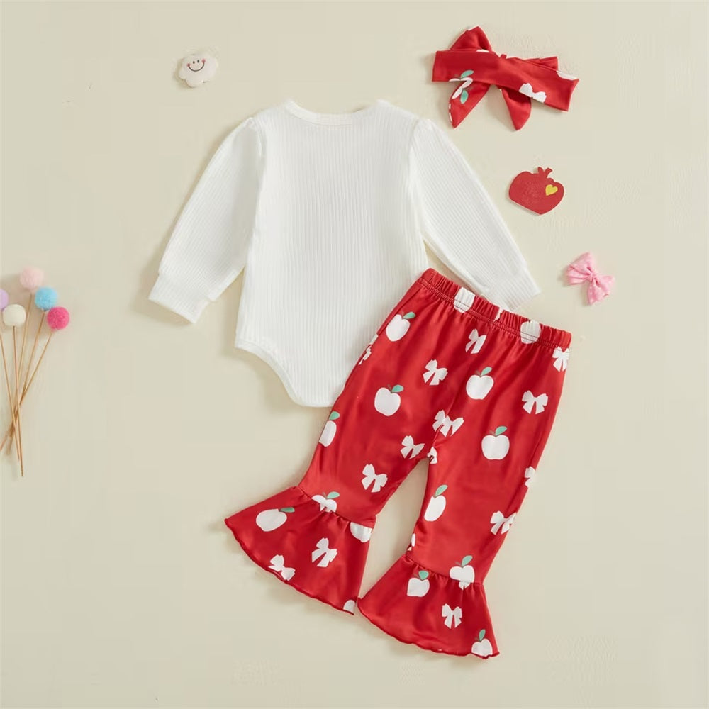 3PCS Apple and Bow Print Long Sleeve Baby Set