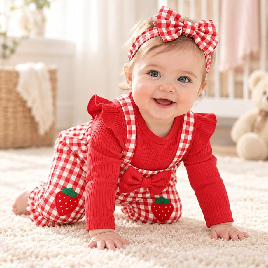 2PCS Strawberry Applique Plaid Print Faux Two Piece Baby Girl Jumpsuit