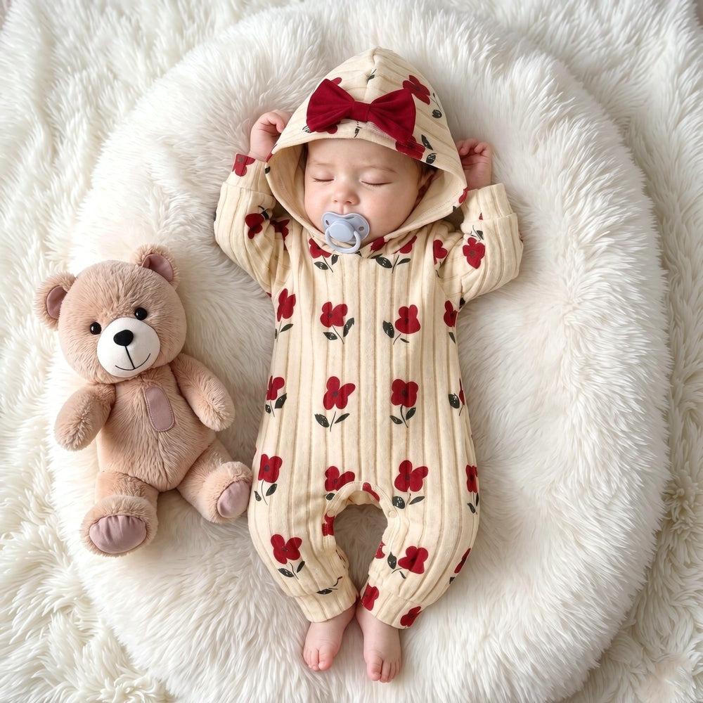 Sweet Floral Print Long Sleeve Hoodie Baby Girl Fleece Jumpsuit