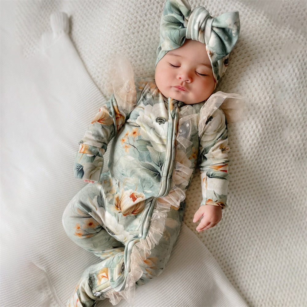 2PCS Floral Print Lace Trim Long Sleeve Baby Jumpsuit