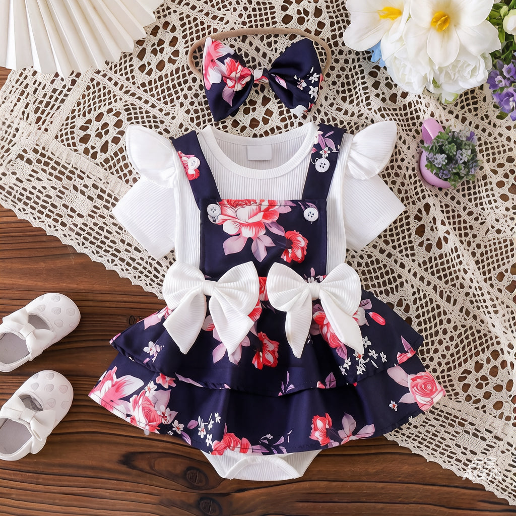 3PCS Sweet Floral Print Bow Short Sleeve Baby Set