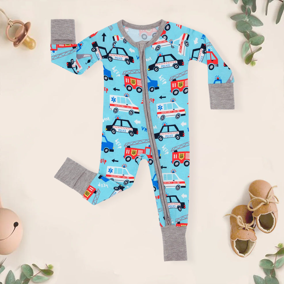 Rescue Car Printed Zipper Bamboo Viscose Baby Jumpsuit
