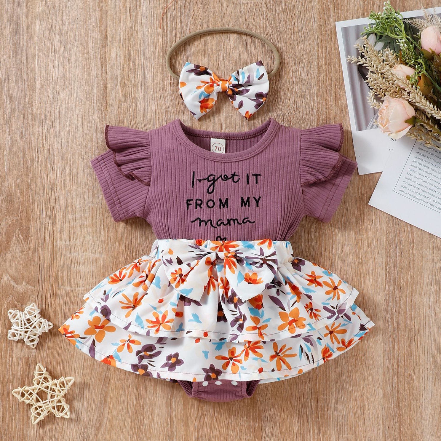 2PCS Cheerful I Got It From My Mama Letter Floral Print Baby Romper